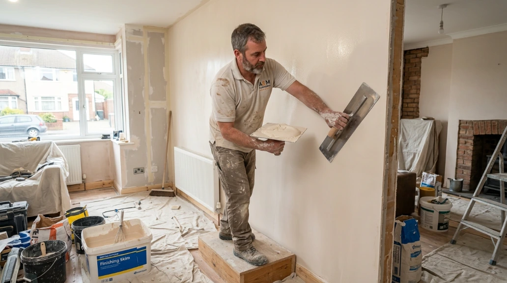 Plasterer skimming a wall Rochdale